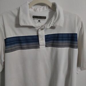 Pebble Beach White Polo with Blue and Gray Chest Stripe